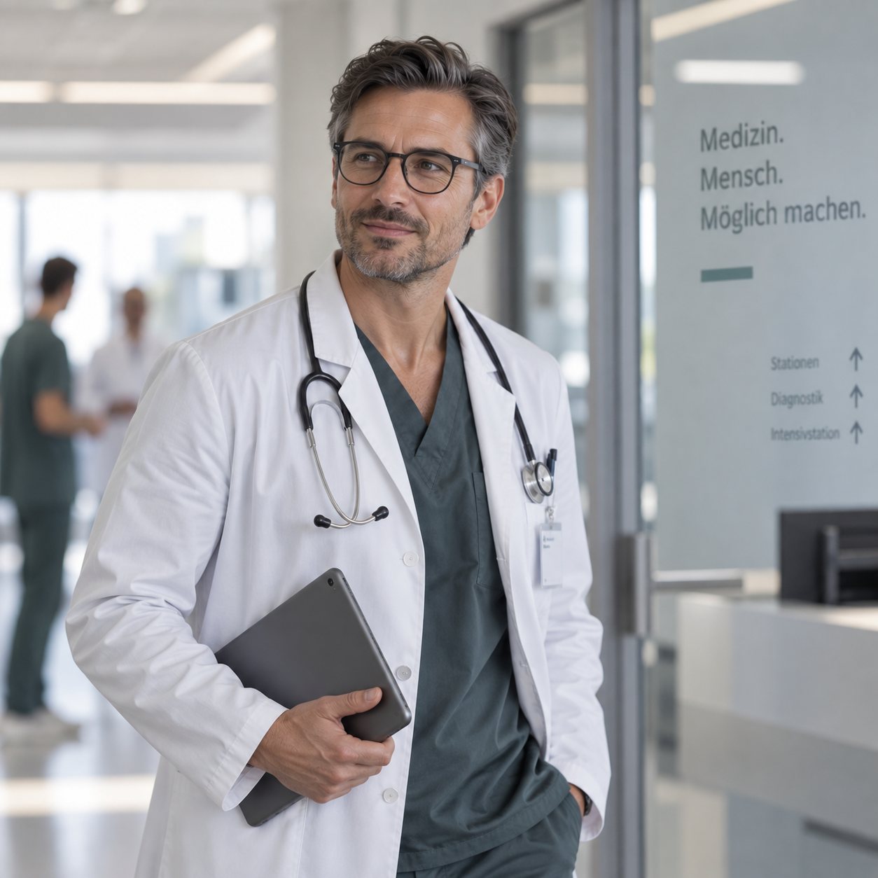 A physician walking through a hospital corridor with a tablet under one arm