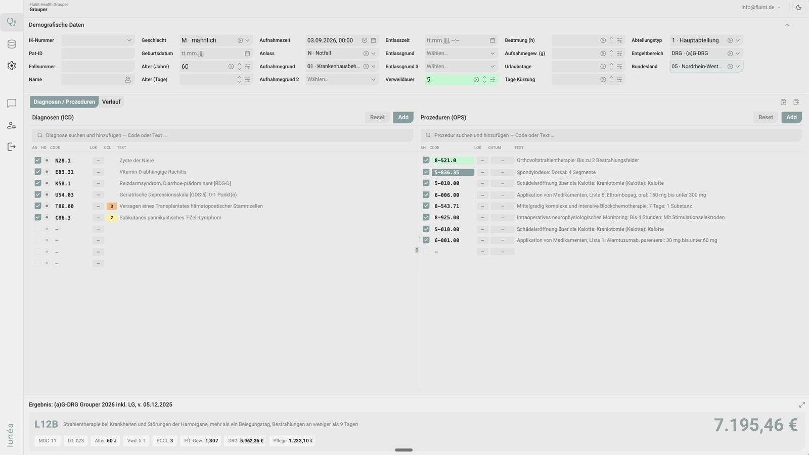 lunéa Grouper workspace: a Section 301 case with demographics, diagnoses and procedures, followed by the L12B result with MDC, service group, PCCL, effective relative weight and total reimbursement