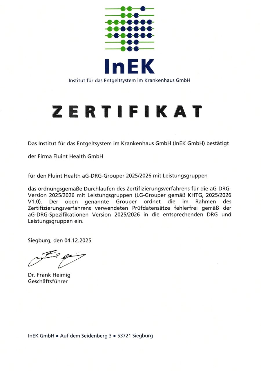 Example InEK certificate: Fluint Health aG-DRG Grouper 2025/2026 with service groups, issued in Siegburg on 4 December 2025