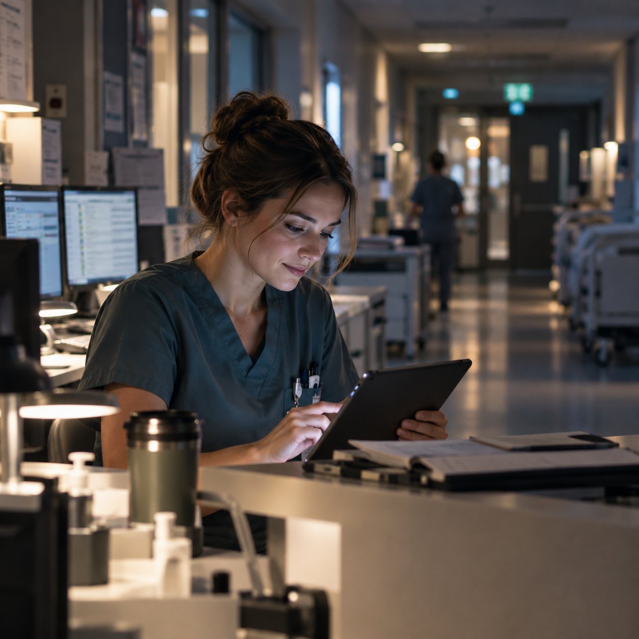 A nurse at a ward workstation on a night shift, face lit by a tablet, with a quiet corridor behind